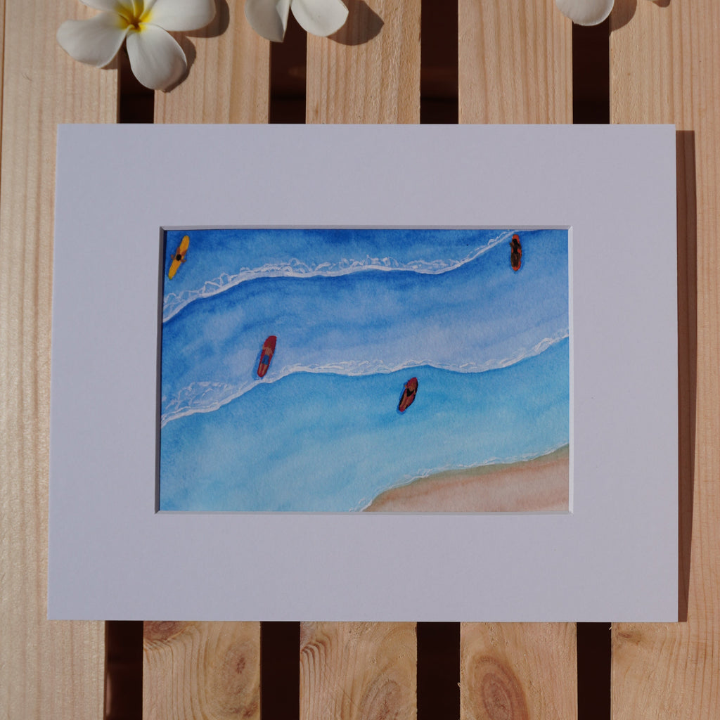 Birds Eye View of Surfers 5x7 Fne Art Print – Original Watercolor Coastal Beach Wall Art