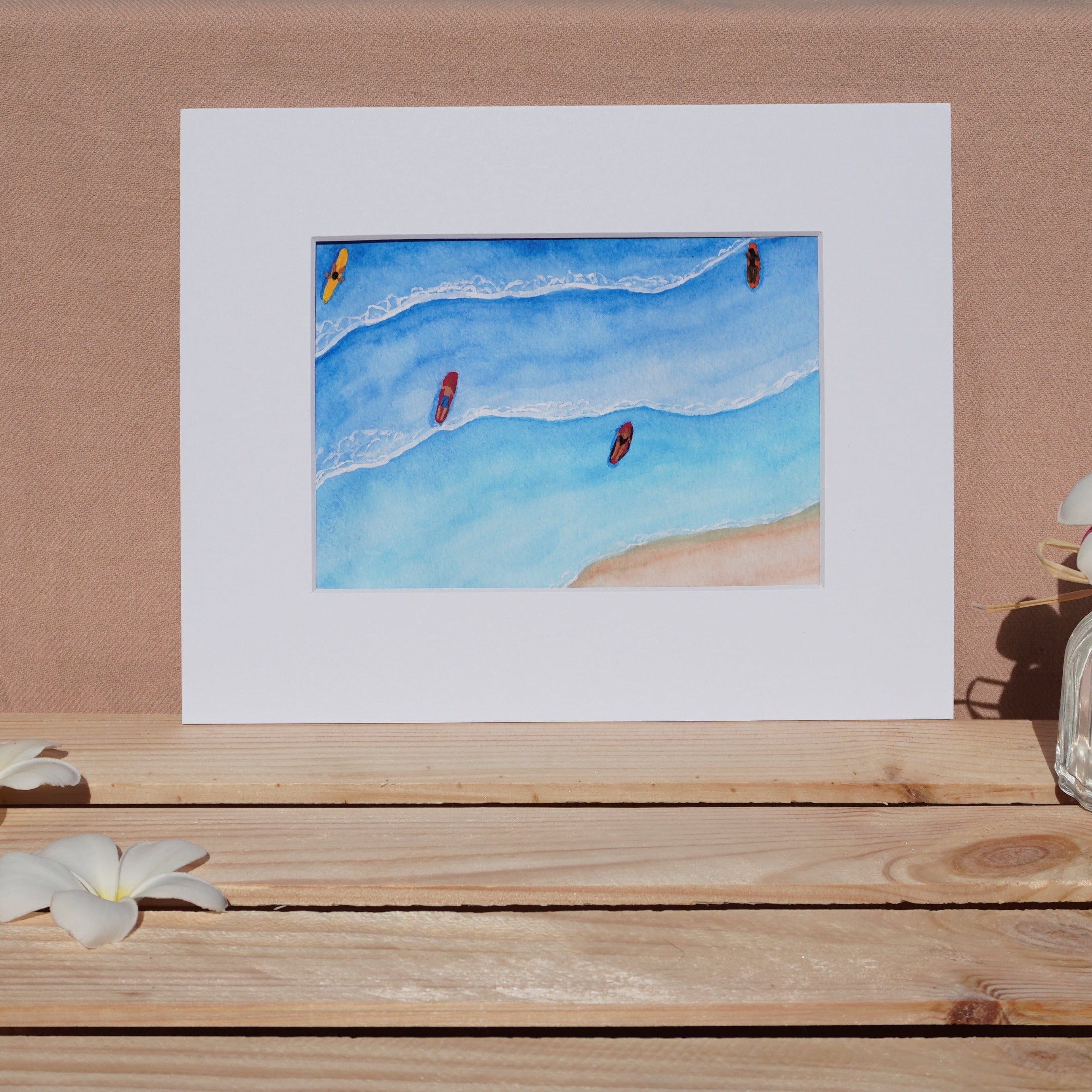 Birds Eye View of Surfers 5x7 Fne Art Print – Original Watercolor Coastal Beach Wall Art