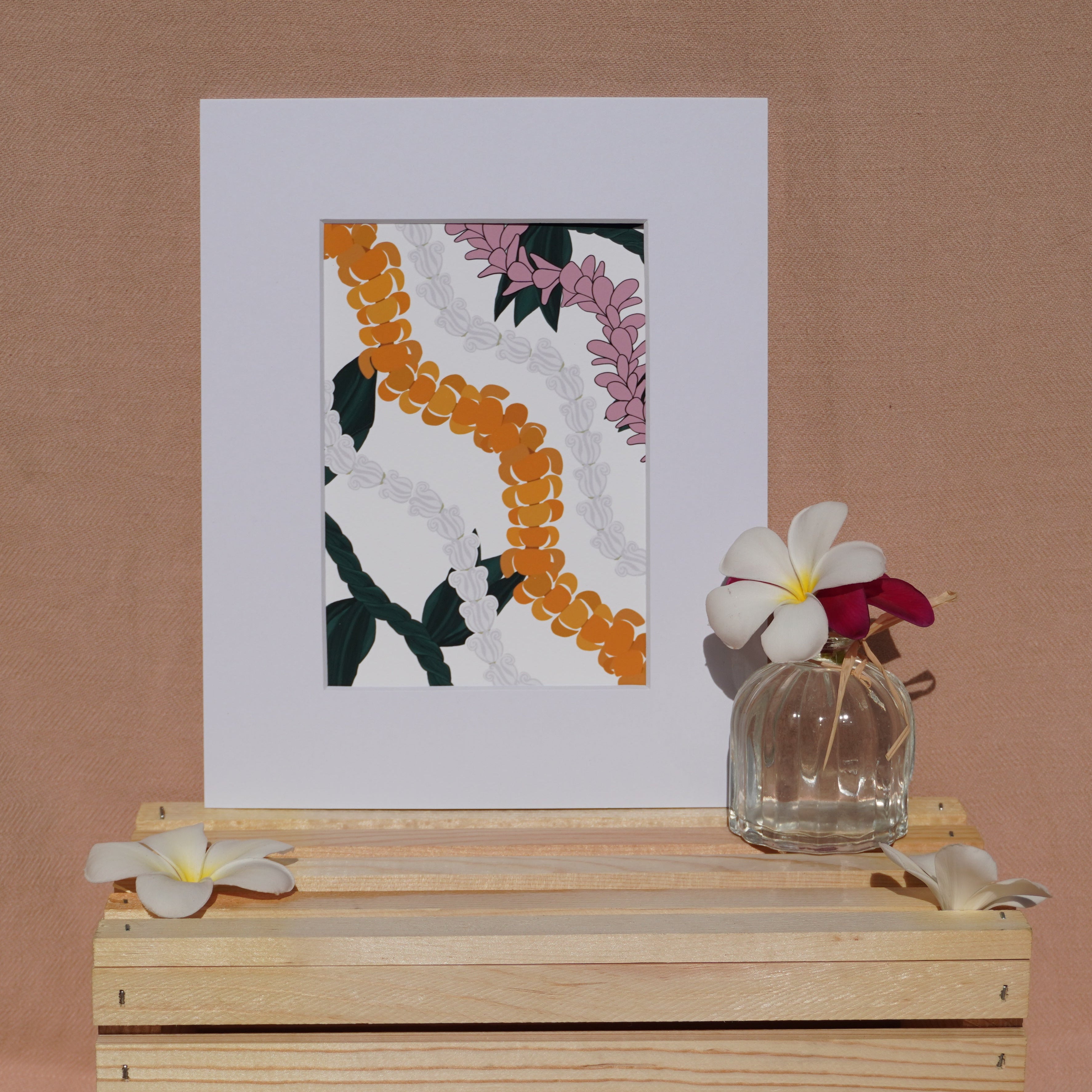 Hawaiian Lei Fine Art Print 5x7 – Ti Leaf, Puakenikeni, Plumeria & Crown Flower